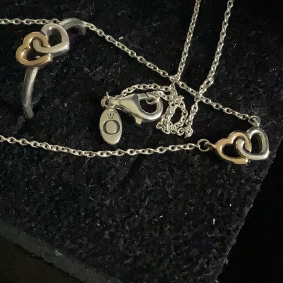 Pandora two tone interlinked heart set of necklace and ring - Picture 3 of 4